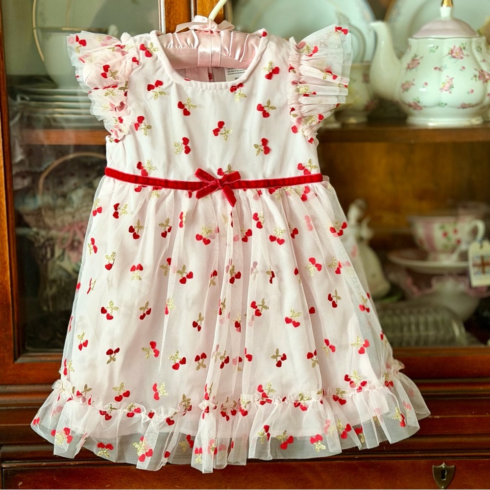 Little Lass pink with cherry print Ruffled Tulle Dress toddler 18 months